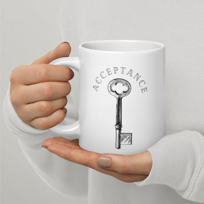 "Acceptance Key" White glossy mug - tracy trudges