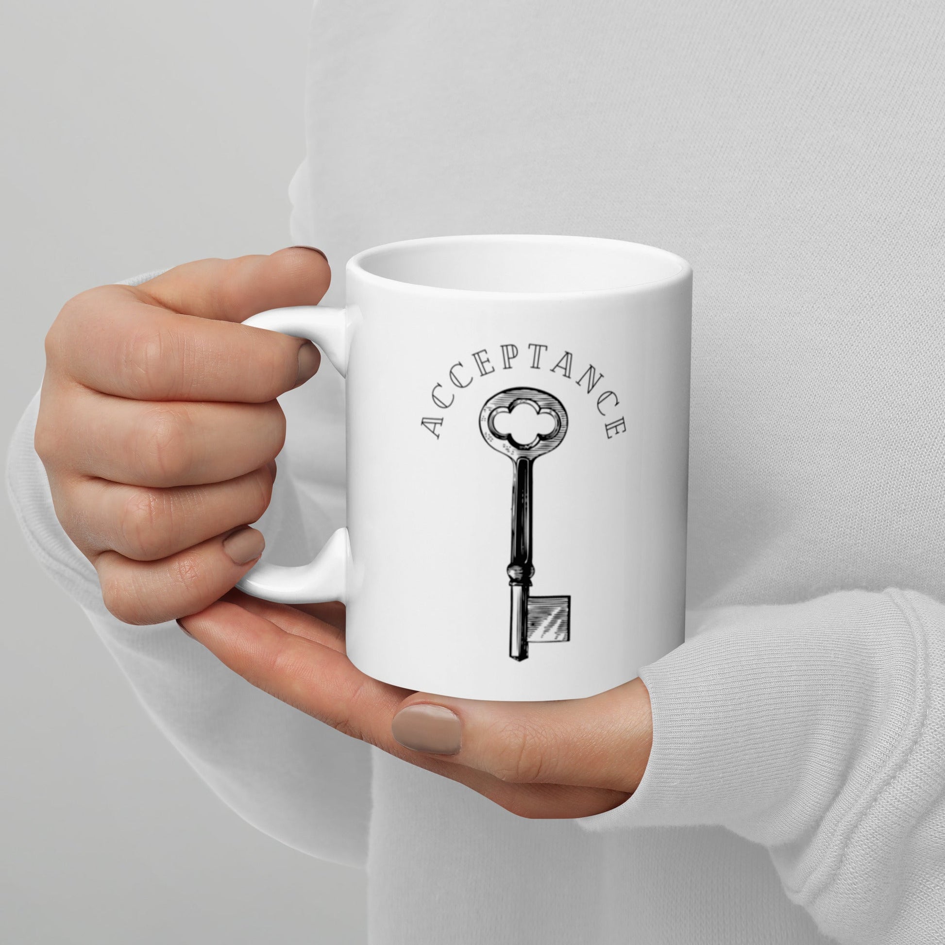 "Acceptance Key" White glossy mug - tracy trudges