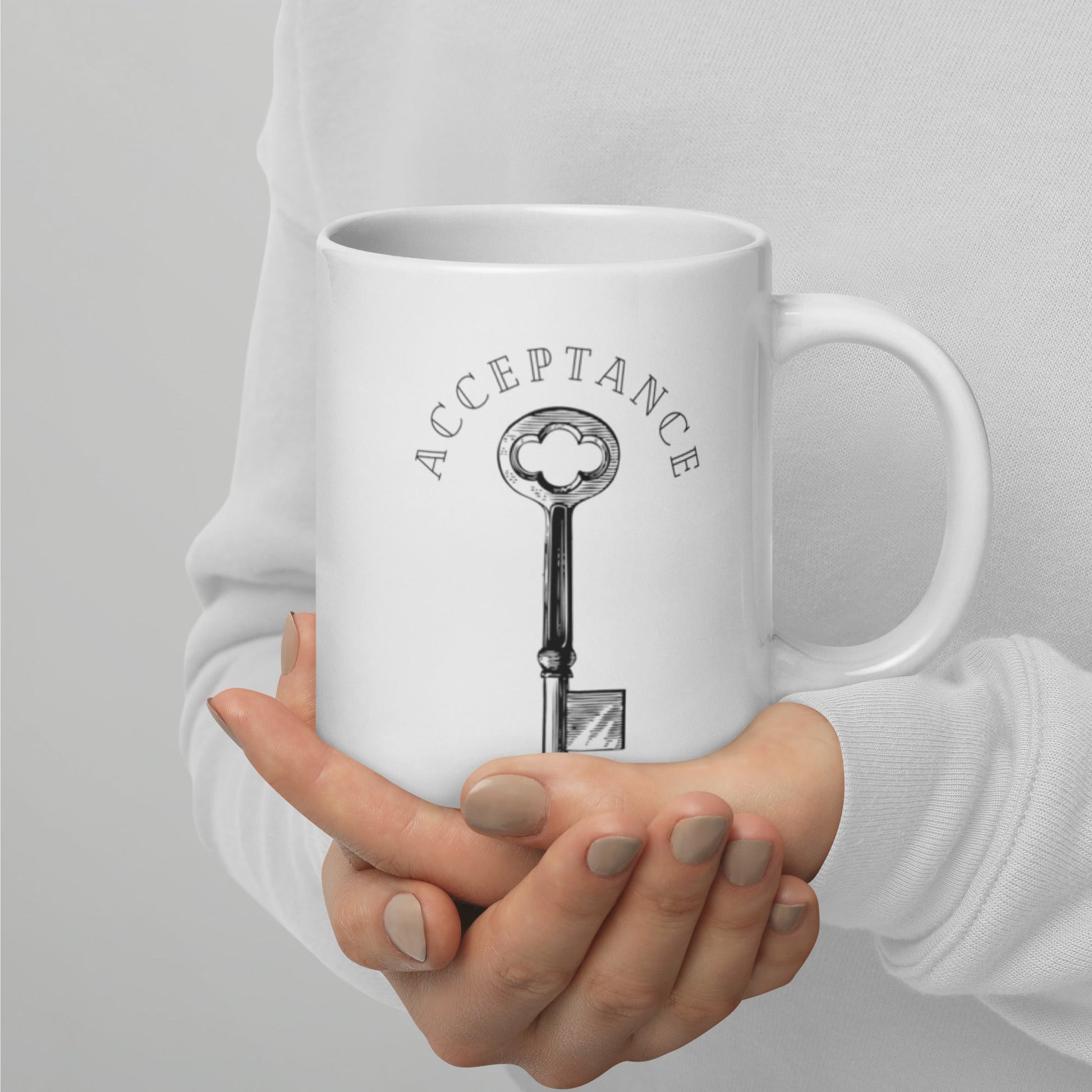 "Acceptance Key" White glossy mug - tracy trudges