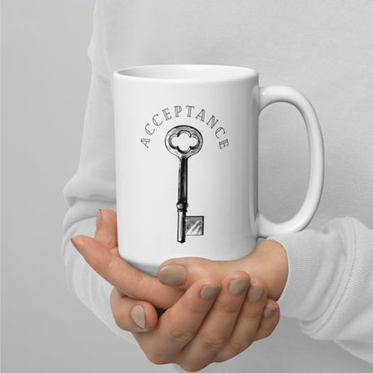 "Acceptance Key" White glossy mug - tracy trudges