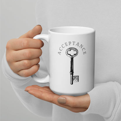 "Acceptance Key" White glossy mug - tracy trudges