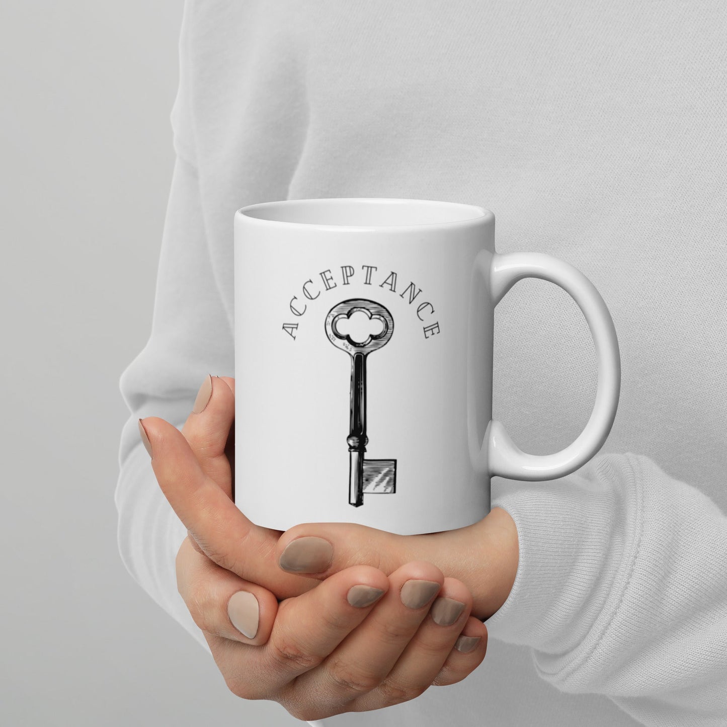 "Acceptance Key" White glossy mug - tracy trudges