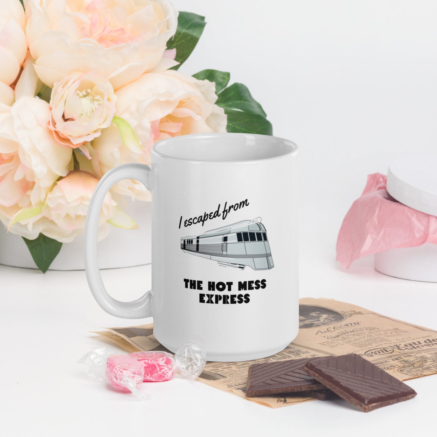 "Hot Mess Express" White glossy mug