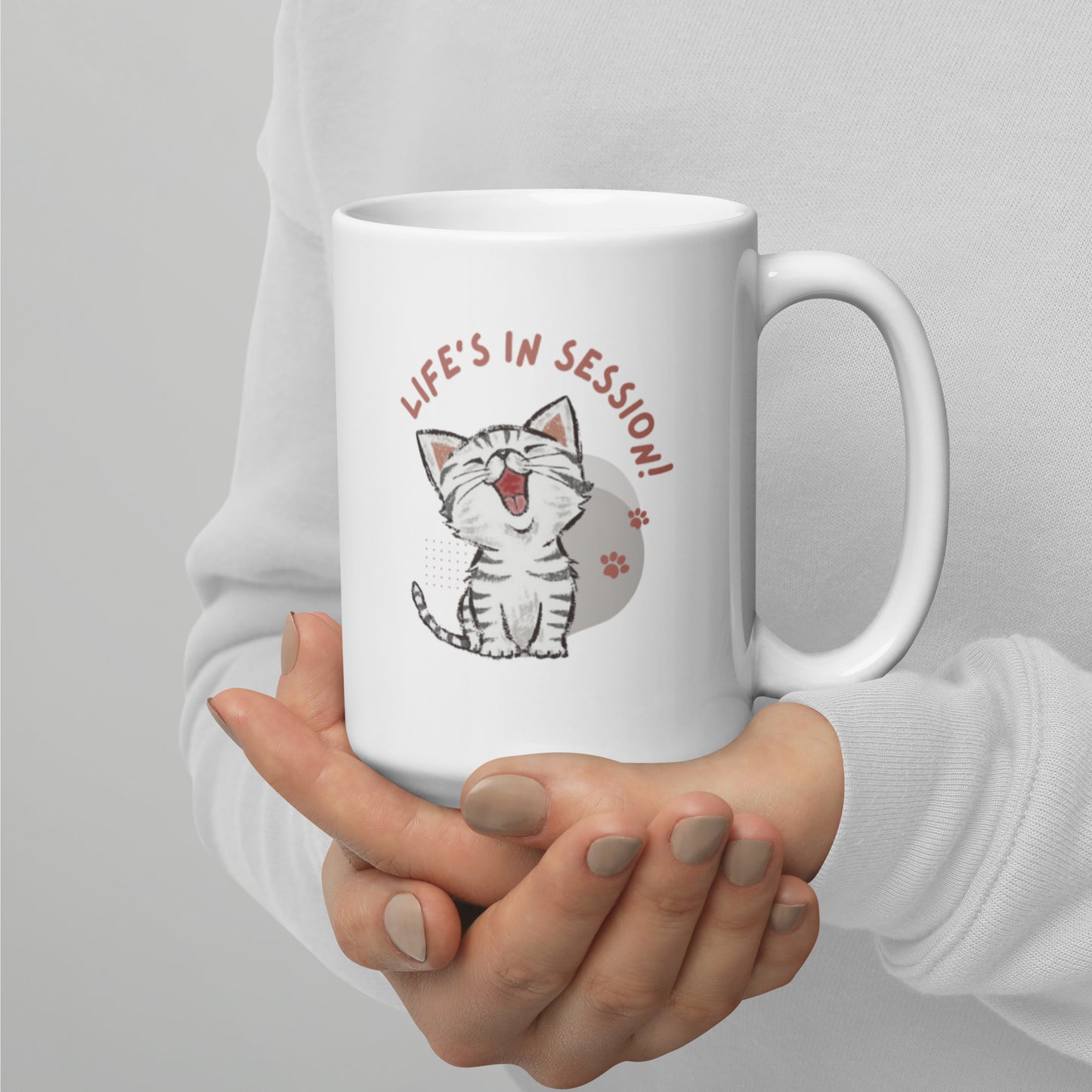 "Life's in Session" Kitten White glossy mug