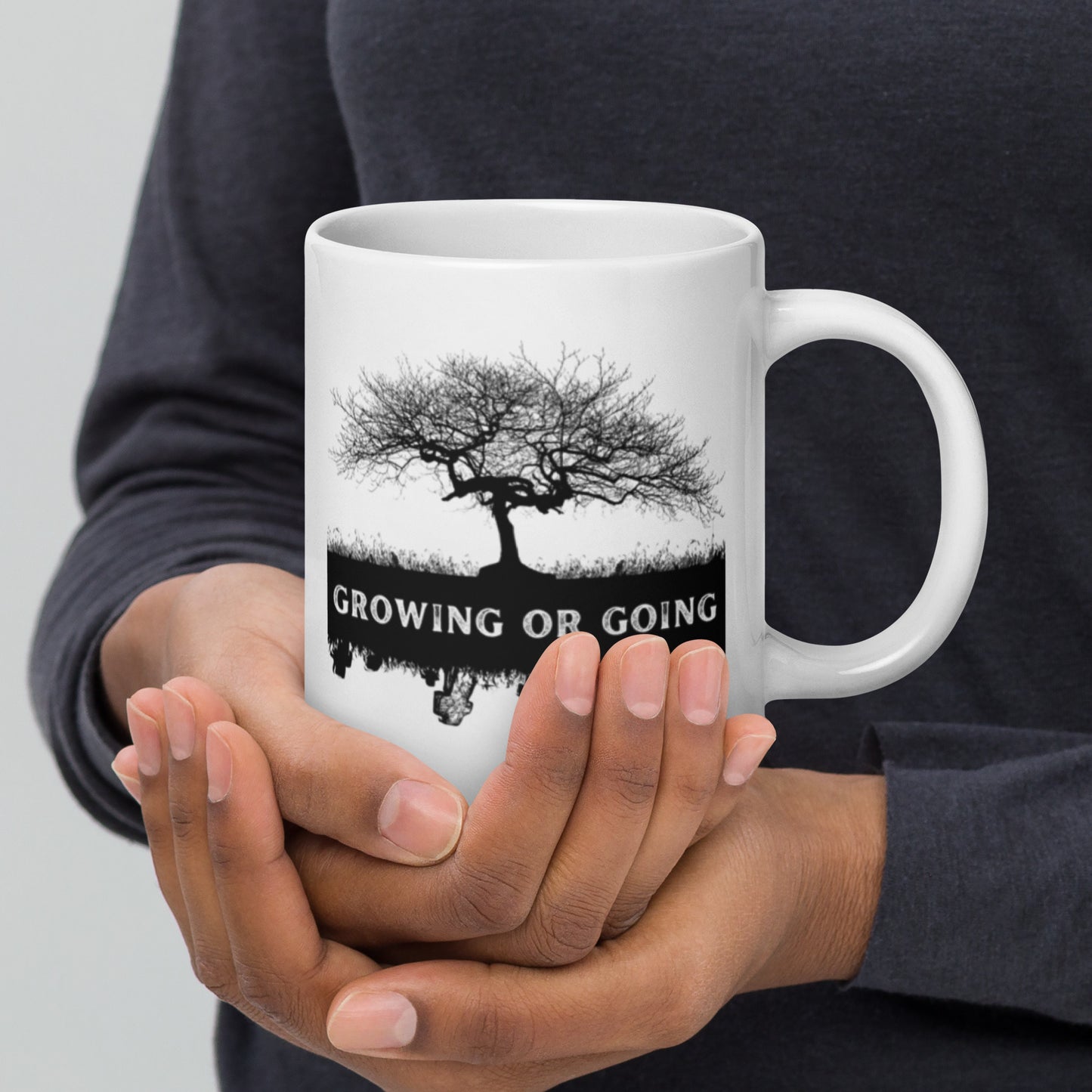 "Growing or Going" White glossy mug