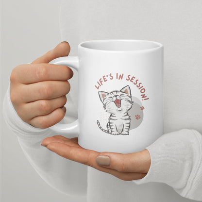 "Life's in Session" Kitten White glossy mug